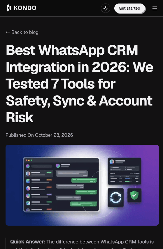 Kondo's new blog post, Best WhatsApp CRM Integration in 2026, just published.